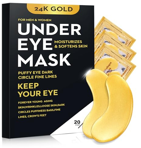 20Pcs/10 Pairs 24K Gold Eye Mask Collagen Under Eye Mask Patches for Dark Circle Puffiness, Refresh, Revitalizing, Travel, Wrinkles, Eye Patches for Women Men