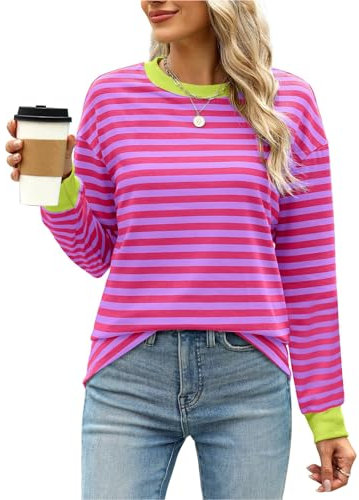 Gemulate Womens Tops Plus Size Oversized Tshirts Striped Plus Size Womens Clothes Ladies Long Sleeve Crew Neck Teacher Outfits Soft Long Sleeve Tunic Clothes Pink XXL