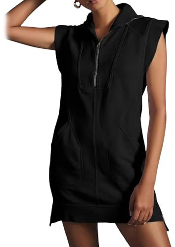 Frauen Half Zip Sweatshirt Kleider, V-Ausschnitt Pullover Tunika Mini Kleid, Frauen Workout Pullover Kleider Tasche, WFFUO, Y, L