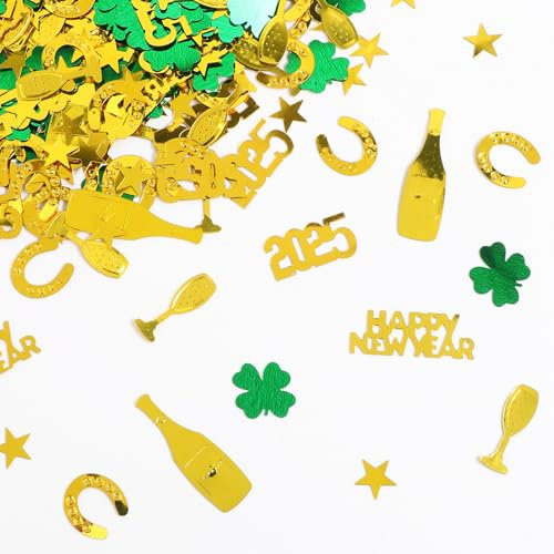 BOOMTOP Konfetti Streudeko Silvester Deko 2026 Kleeblatt Konfetti Tischdeko Hufeisen Metallic Sterne 15g Viel Glück Glücksbringer Klein Gold Grün Glitzer Silvester Dekoration Neujahr Party Deko