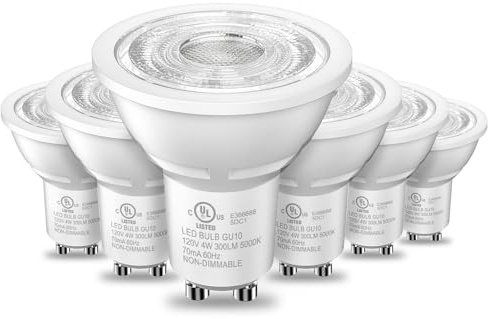 TJOY GU10 LED Light Bulbs Non-Dimmable, 4W, 5000K Daylight White, 300LM, Equivalent 35W, 2 Prong GU10 Bulbs Replacement for Recessed Track Lighting, MR16 LED Bulb for Living Room, Range Hood, 6 Pack