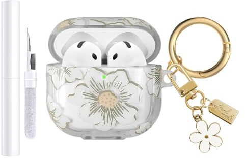 AIIEKZ Kompatibel mit AirPods 4 2024, weiche TPU-Hülle mit süßem Blumenmuster für AirPods 4. Generation Hülle mit Blumen-Schlüsselanhänger und Reinigungsset für Mädchen Frauen (Weiß)