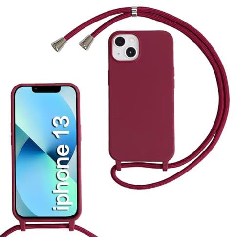 SLWYF Compatible with iPhone 13 Crossbody Lanyard Case, Liquid Silicone Protective Phone Case with Strap Adjustable Neck Cord Necklace Soft Cover for iPhone 13, Red