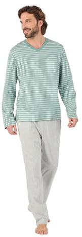 Damart - Men's Long Sleeve Jersey Pyjamas, Green Striped, 2XL