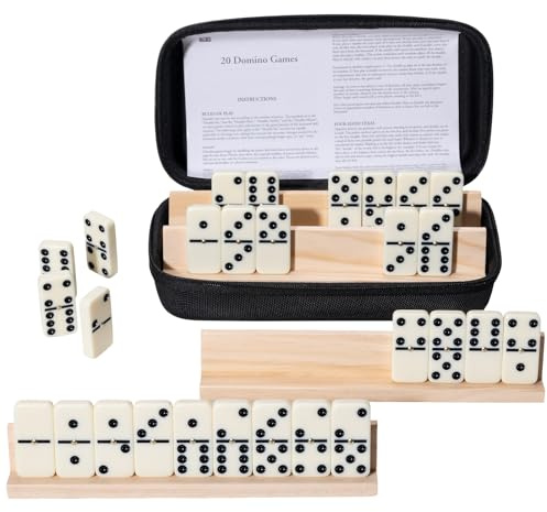 OZFRHO Dominoes Set for Adults, 28 Tiles with 4 Wooden Racks/Trays, Portable Double 6 Domino Game Set, Classic Board Game for Family Fun