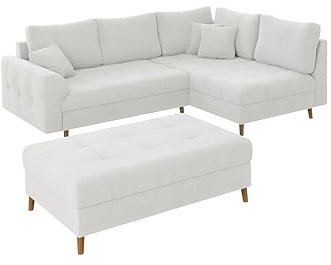 S-Style Möbel Set Ecksofa Hocker Eckcouch Sofa Couch Mit Kissen Schlaffunktion Sitzhocker 4 Sitzer L Form 2 Stück Massivholzfüße Braun Freistehend Boucle Stoff Rechts Erik Weiß