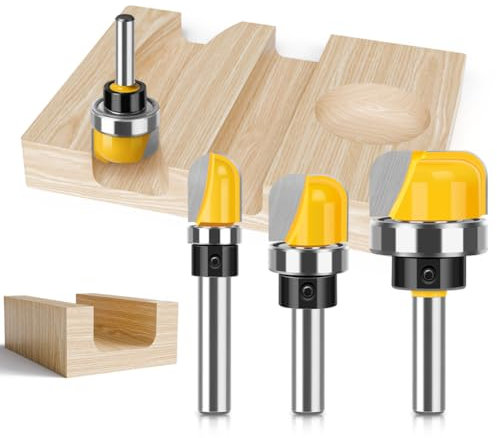 JGZUI 3Pcs 1/4-Inch Shank Bowl & Tray Template Router Bit Set, Carbide Juice Groove Round Nose Router Bit with Bearing, Ideal for Making Wood Bowls, Trays, Boxes, Board Troughs