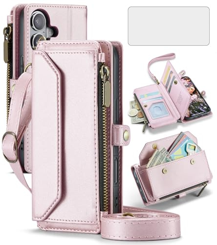 Phone Case for iPhone 16 6.1 inch Zipper Wallet Cover with Tempered Glass Screen Protector and Crossbody Wrist Strap Leather Flip RFID Blocking Card Holder Cell i Phone16 i16 16Case Women Rose Gold