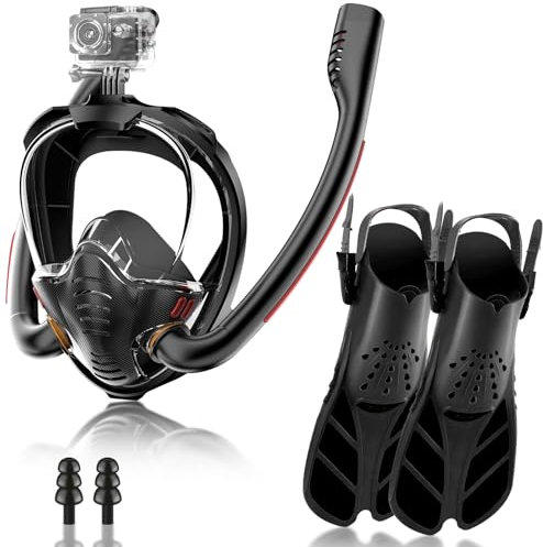 Máscara de Buceo con Aletas Ajustables, Máscara de Snorkel para Adultos, Máscara de Buceo con Visión de 180 Grados Compatible con Cámaras Deportivas Tubo Doble Esnórquel Seco
