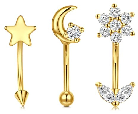 AVYRING Rook Piercing Jewellery 16G Stainless Steel Vertical Labret Lip Bars, Curved Barbell for Eyebrow, Daith, Helix, Conch, Tragus Cartilage Earrings & Thin Belly Button Piercing (Silver/Gold)