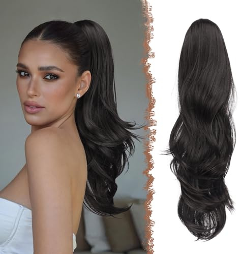 FESHFEN Drawstring Ponytail Extension, Natural Long Wavy Layered Synthetic Pony Tails Natural Black Hair Extensions Hairpieces for Women, 20 inch