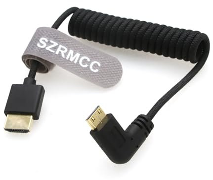 SZRMCC 8K 2.1 HDMI auf Mini-HDMI Linker Winkel Ultra High Speed Spiralkabel Geflochtenes Kabel für Sony CX7, A7 II, A7S II, Canon EOS 70D/80D, Nikon D500, D7500, Z6/Z7 Pan-asonic Lumix Fuji Kamera