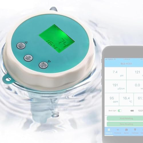 HKFGSHOP Smart Pool Water Tester, Bluetooth Swimming Pool Water Testing Meter, Hot Tub PH and Chlorine Monitor, 1000 Records Storage, for Drinking Water, Swim Spas, Aquarium