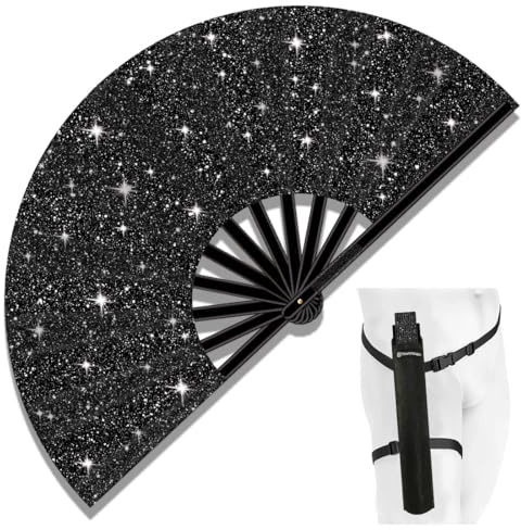 Raveahem 13 Inch Large Rave Clacking Fans for Line Dancing, Popping Hand Fans Foldable for Women Men for Outdoor, Wedding, Party, Decoration Glitter Black