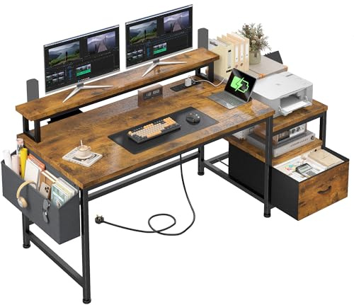 Computer Desk with Drawers and Printer Storage,Corner Desk with Charging Port & Power Outlet & Monitor Shelf, 140x50cm Home Office Desk ReversibleStudy Table for Home worker and College Student Brown