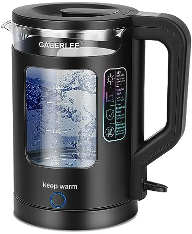 GABERLEE Electric Kettle, 1.7L, 3000W Fast Boil Quiet Glass Tea Kettle | Keep Warm Function, Blue LED, Anti-Limescale Filter, Auto Shut-Off & Boil-Dry Protection, BPA-Free, Black