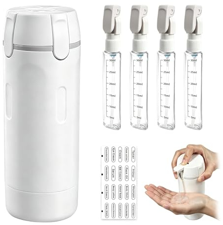 Set de dispensador de viaje 4 en 1, botellas de viaje recargables a prueba de fugas, portátiles, con escala y etiqueta, dispensadores de líquidos portátiles para champú, acondicionador, loción, crema