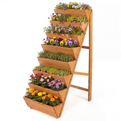 COSTWAY Jardinière Verticale Surélevée à 8 Niveaux (Orange) | Potager sur Pieds en Bois avec 8 Plates-Bandes en Forme de V Structure Triangulaire, Bac Jardinage Exterieur en Escalier