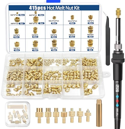 VTSHENY 415Pcs Insert Fileté, M2/M2.5/M3/M4/M5/M6/M8 avec Adaptateur | 80W Fer à Souder à Température Réglable 180-500°C, Cuivre pur Inseromposants d'Impression 3D&Pièces en Plastique