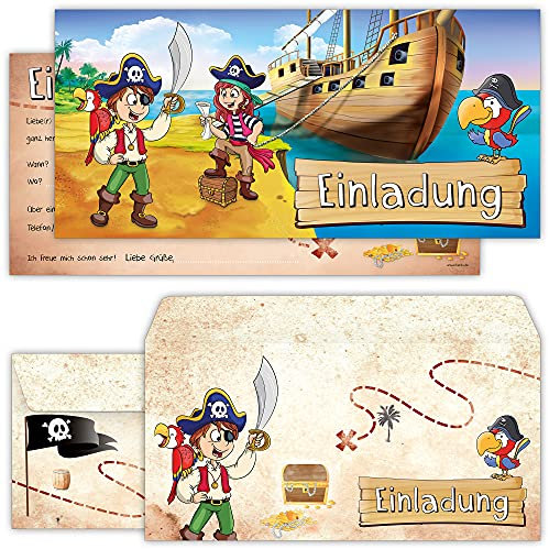 beriluDesign Piraten Einladungskarten mit Umschlägen – 12er Set zum Kindergeburtstag mit Schatz-Karte Motiv