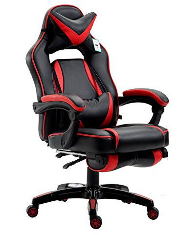 Cherry Tree Furniture CTF High Back Recliner Racing Style Gaming Swivel Chair with Footrest & Adjustable Lumbar & Head Cushion (Black & Red)