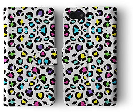 Tirita Wallet Phone Case for iPhone 5 / 5s / SE 2016 With Card Holder – Vegan Leather Flip Case/Cover for Women [04. Leopard Print Rainbow]