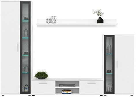 Wohnwand Bentley, Praktische Anbauwand, Schrankwand, Mediawand, mit viel Stauraum, Top-Qualität (Weiß/Schwarz, ohne LED Beleuchtung)