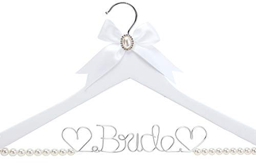 Kleiderbügel aus Massivholz für Brautkleid, mit Draht, Schriftzug für Braut, Hochzeit, Party, Geschenk, Weiß (weißer Kleiderbügel, Perlenfäden), Kleiderstange
