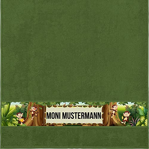 Manutextur Duschtuch mit Namen - personalisiert - Motiv Affen - viele Farben & Motive - Dusch-Handtuch - dunkelgrün - Größe 70x140 cm - persönliches Geschenk mit Wunsch-Motiv und Wunsch-Name