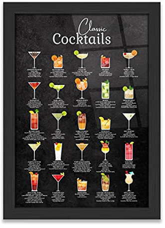 iCaseDesigner Classic Cocktail Metal Home Bar Sign Print on Black Chalkboard. 25 Popular Cocktails Printed onto Gloss Metal Wall Art. Framed and Floating Mounts Offered