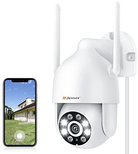Jennov PTZ Überwachungskamera Aussen WLAN, 2K 360° WiFi IP Kamera mit Automatische Verfolgung, 24/7 Aufzeichnung, 355°/90° Schwenkbar, Farbiger Nachsicht, Bewegungserkennung, Weiß