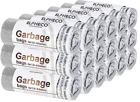 ELPHECO Bolsas de basura de 4 galones │ Bolsas de basura con cordón de 15 litros │Adecuado para latas de basura de 1.5 a 4 galones │ 200 unidades / 10 rollos