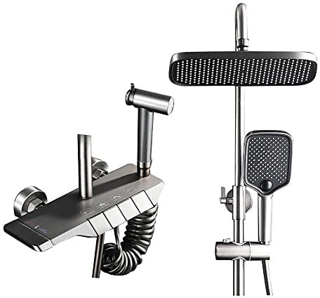 Klobvtt Duschset System Duschstange, 40° Thermostat-Duschsystem, höhenverstellbare Anti-Verbrühungs-Duschsets, 10-Zoll-Top-Spray, 4-Funktions-Wasser, Anti-Knick-Duschschlauch