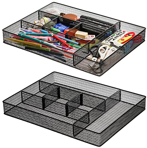 Hiceeden 2 Pack 41x31x5cm Mesh Metal Desk Drawer Organizer, 6 Compartment Desk Organizer Tray with 2 Adjustable Dividers for Home, Office, School Supplies