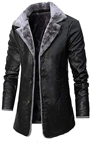 GOZYLA Herren Pelz Lederjacke Flieger Bomber Shearling Mantel Sherpa Fleece gefütterte Jacken Herren Kunstpelzjacke Dicke Leder Winterjacke (Color : Black, Size : L)