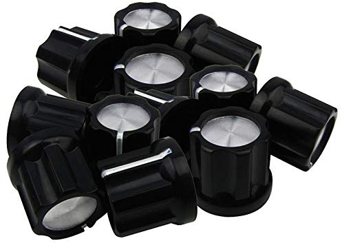 Vklopdsh 0degree Guitar Pot Knob Guitar Amp Knobs Buttons D-Type Shaft Potentiometer Pots Knobs, Black Cap Silver Top, Pack Of 12