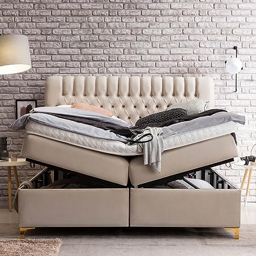 Boxspringbett mit XXL Bettkasten 200x200cm Chester Velours, mit Topper, Stauraum, Füße Gold-Optik, 7 Zonen Matratze, Lieferung und Aufbau KOSTENLOS (Creme, 200x200 cm mit Topper)