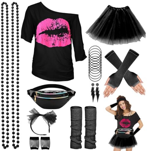 WILDPARTY 80er Jahre Outfit Damen Set, T-Shirt, Tutu, Gürteltasche, Stirnband, Ohrring, Halskette, Netzhandschuhe, 80er Jahre Kleidung Kostüm Neon Accessoires Thema Party Karneval Damen Frauen