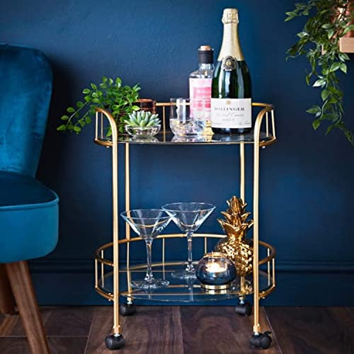 YORKSHIRE HOMEWARE Gold Drinks Trolley Glass Shelves Serving Bar Cart with Wheels Perfect for Home, Living Room, Serving Drinks Modern Drink Cart Small Beverage Trolley, W38 x D38 x H61 cm - Gold
