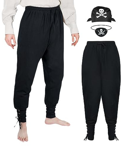 Aomig 3 Pcs Pirate Trousers for Men, Men’s Medieval Viking Renaissance Pirate Costume with Pirate Blindfolds and Bandanas, Cotton Pirate Pants Drawstring Elastic Waist for Halloween Party Cosplay