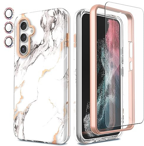 SHEDEER 4-in-1 Samsung A54 5G Hülle mit Schutzfolie + Stoßfänger & Kameraschutz | Militärischer Stoßfest 360°-Schutz, Samsung Galaxy A54 Glänzend Fade-Resistant Muster-Design Handy Case (Marmor)
