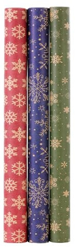 HBell Weihnachts-Geschenkpapierrollen, 3 Rollen, 44 cm x 3 m, Schneeflocken-Geschenkpapier, Kraftpapierrolle, Weihnachtsgeschenkpapierrolle für Weihnachten, Party, festliche Dekorationen