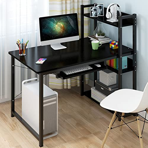 GArcan Computertisch mit 4 Ablagen, umkehrbarer Schreibtisch mit Bücherregal und Tastaturablage, moderner Schreibtisch, Gaming-Tisch, Arbeitsplatz – Schwarz 100 x 45 x 110 cm