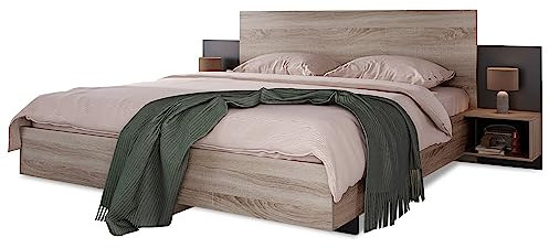 WIZBED Doppelbett Bettanlage mit 2 Nachtkommoden, 160 x 200 cm - Holzbett Schlafzimmer Komplett-Set in Eiche Sonoma/Dunkelgrau Modernes Bett- 205.5x235x76.5 cm(T/B/H)
