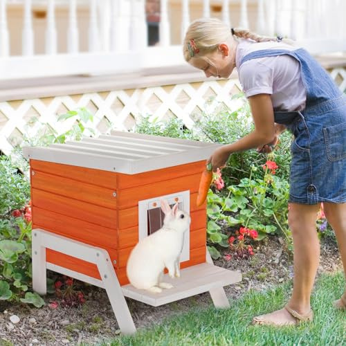 Petsfit Outside Cat House,PVC Roof + Door with Curtain + Escape Door, Two Level Wooden Cat House Outdoor (26 L×18 W×23 H, Orange)