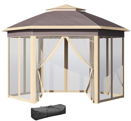 Outsunny Carpa Plegable 4x3,4x2,85 m Cenador de Jardín Hexagonal con Doble Techo 6 Mosquiteras Desmontables Bolsa de Transporte Altura Ajustable en 3 Niveles y Anti-UV Gazebo para Fiesta Patio Beige