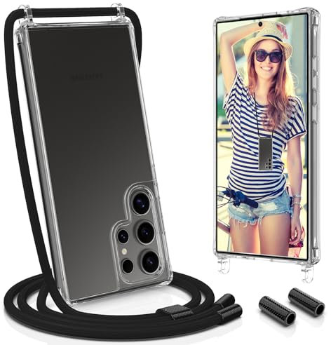 UYMO Handykette Hülle mit Band kompatibel mit Samsung Galaxy S24 Ultra - | Necklace Transparent Handyhülle Case mit Schnur Abnehmbar |,Stoßfeste Schutzhülle zum Umhängen Kordel, Schwarz