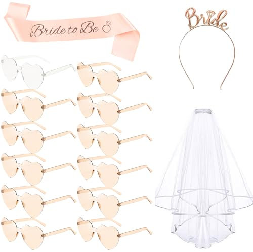 jenich 15 Stück JGA Sonnenbrille Frauen Sonnenbrille Herz JGA Brille Herzform Braut Schleier JGA Braut Schärpe Haarreif JGA Accessoires Junggesellenabschied
