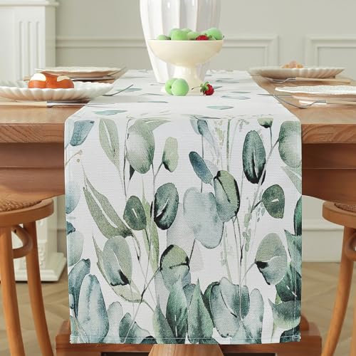 meioro Grün Eukalyptusblätter Tischläufer, 30x180cm Saisonale Tischwäsche, Frühling Sommer Hochzeit Tischdecke für Küche Essen Urlaub Party Tischdekoration