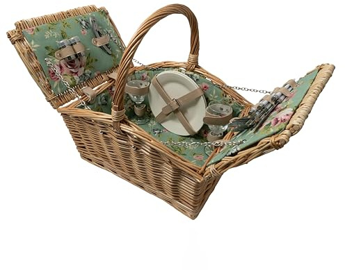 Arthur Cameron - Deluxe Natural English Rose Wicker Picnic Hamper Set - Includes 2 Wine Glasses, Plates and Cutlery Sets - 2 Person Picnic Basket Hand-Crafted from Full, Round Natural Wicker